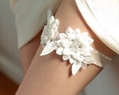 Lace Wedding Garter - Bridal garter, chiffon Flower with Crystals on Stretchy band