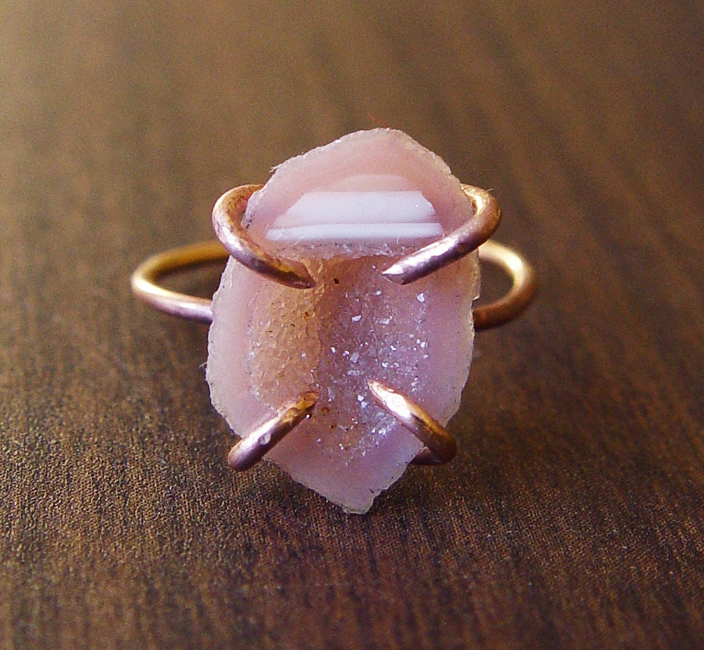 Pink Geode Druzy Ring ,14k gold, One of a Kind