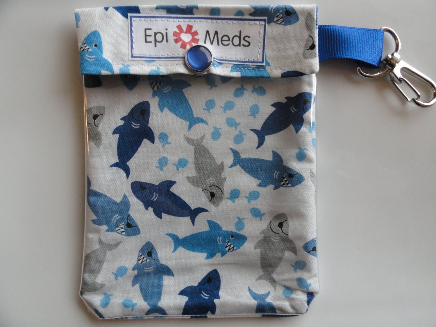 Epi Allergy Meds Pouch for Auvi Q Style Easy to View Clear Front W/ Clip Holds 1 - 2 Injectors   4x5 Pirate Sharks Fabric