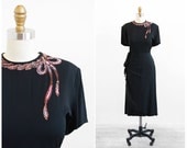 vintage 1940s dress / 40s dress / Black Dress with Sequin Beaded Bow