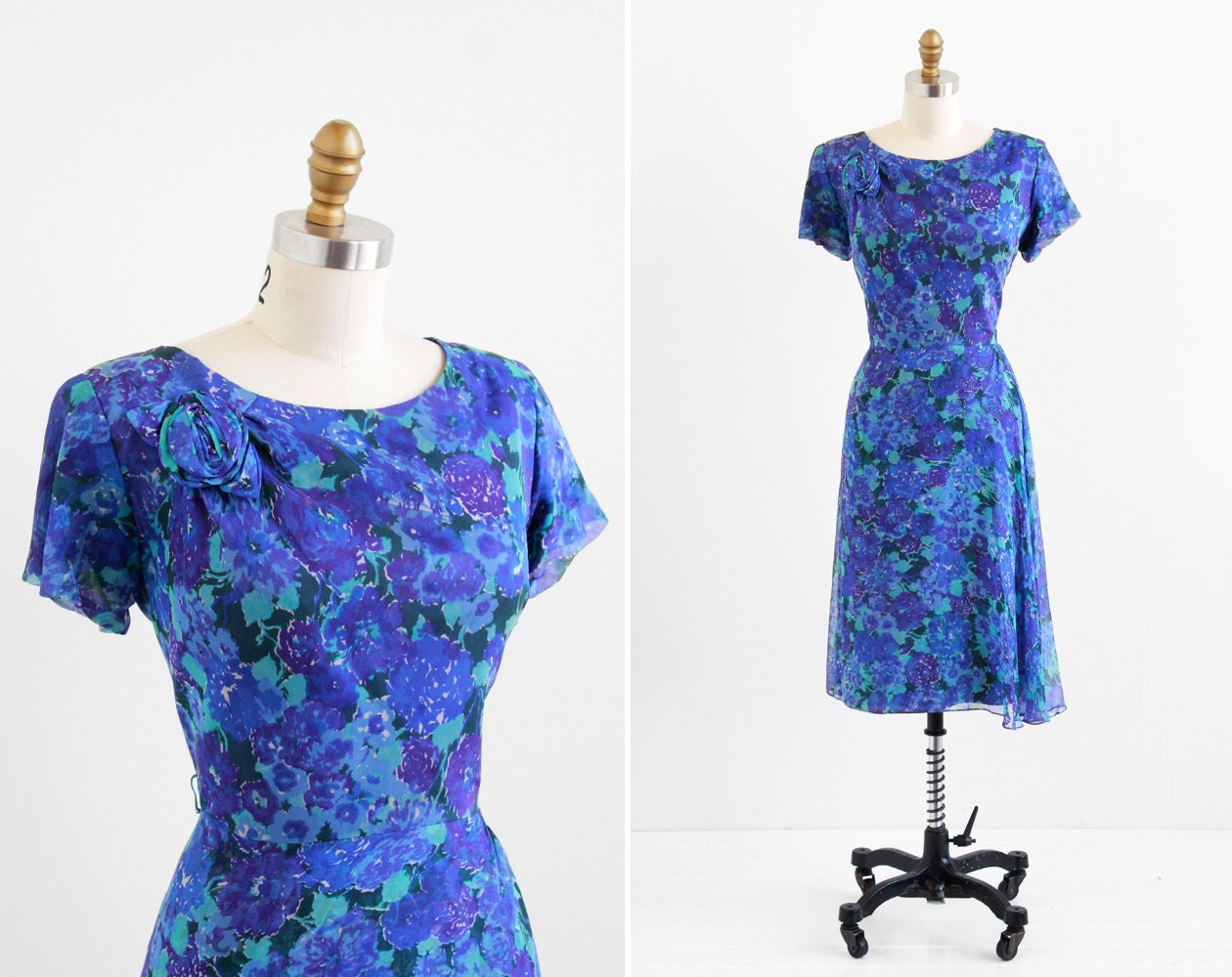 vintage 1960s plus size dress / 50s plus size dress / Blue Floral Silk Chiffon Dress