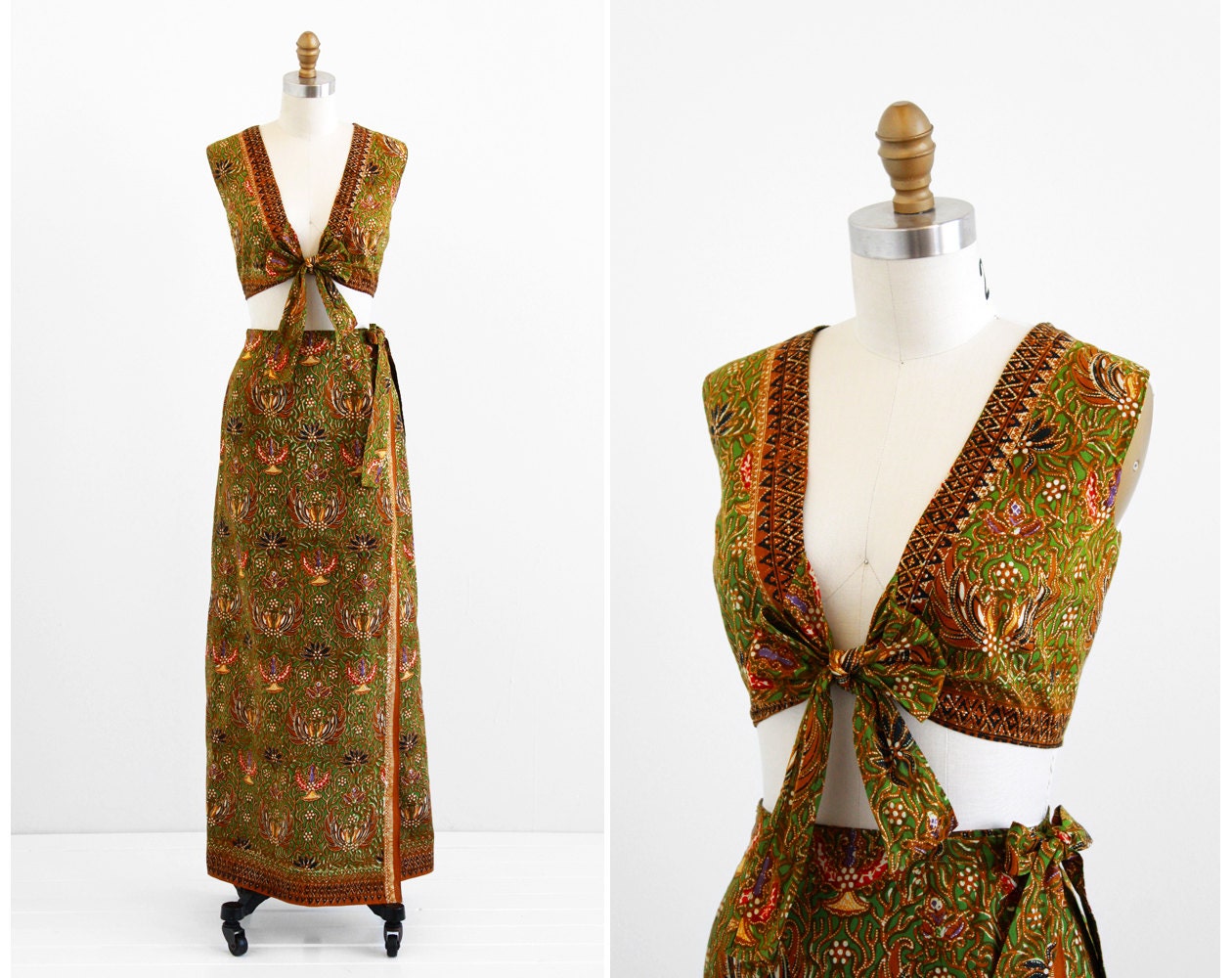 vintage 1960s batik print dress / 1970s sarong set / Tie Top and Sarong Skirt