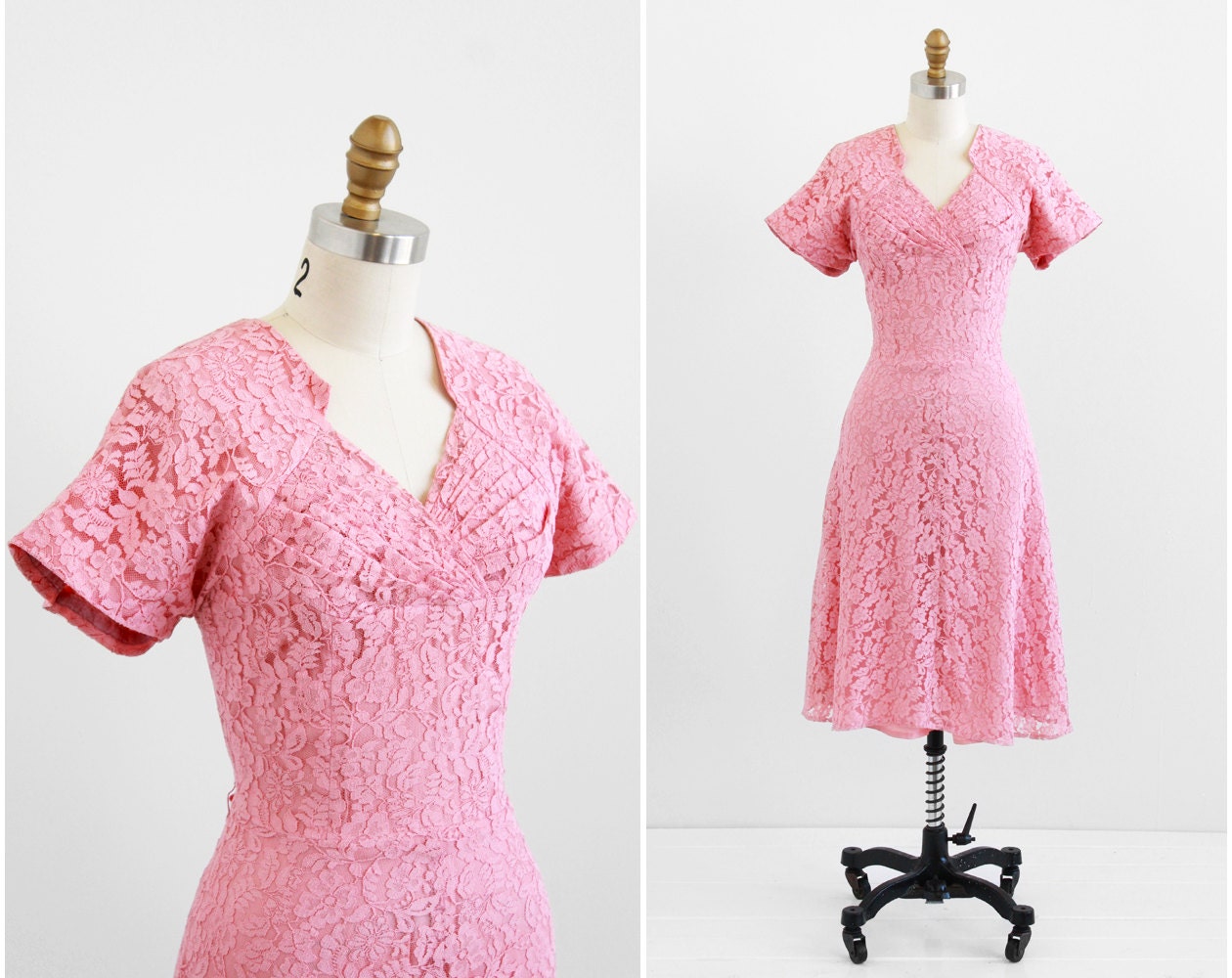 vintage 1940s dress / pink lace dress / 40s Pink Lace Party Dress