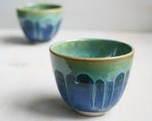 Yunomi Tea Cups - Mystical Night Glaze - Pair of Handmade Stoneware Blue and Green Teacups Ceramic Pottery Cups