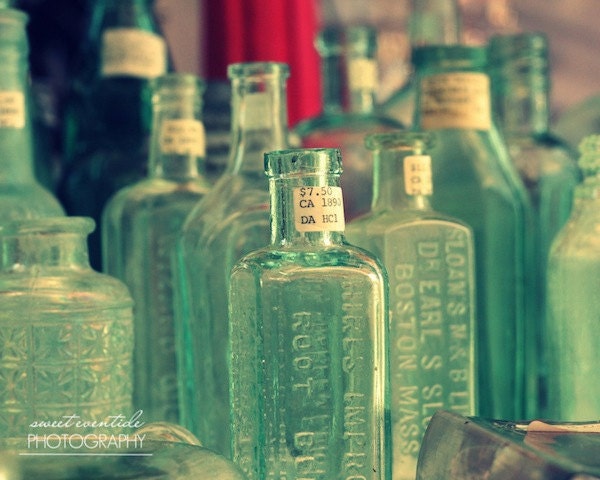8x10 fine art photograph vintage green apothecary glass bottles horizontal