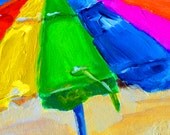 Art, painting, raimbow beach umbrella, landscape, original gift idea, beach house decor