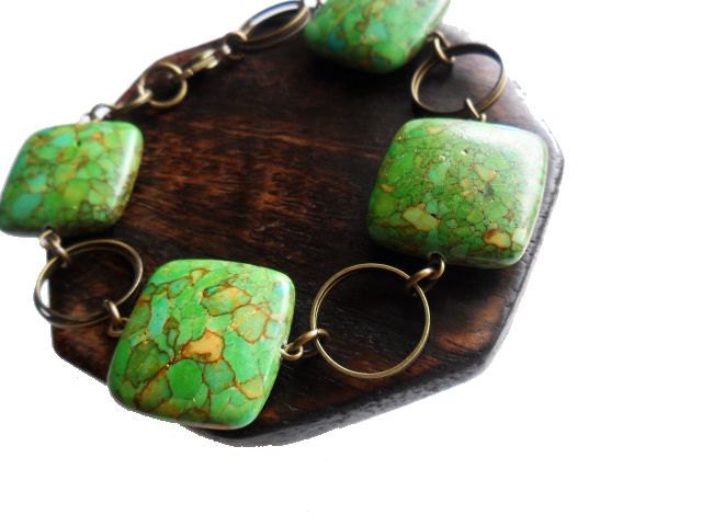 Green Mosaic Turquoise Stone Bracelet, Sqaure, Brass, Modern Simple