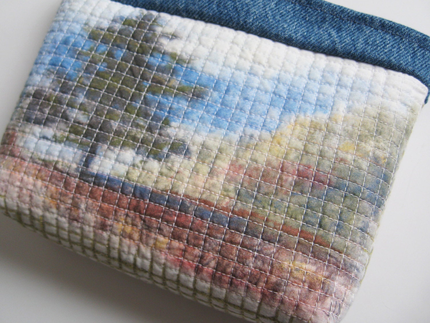 Clutch Country Denim Landscape Zipper Pouch White Blue Green Pastel Art