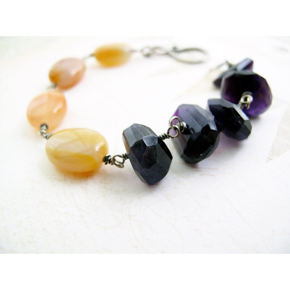 Amethyst Carnelian Silver Wire-wrapped Stone Bracelet, February Birthstone, Purple, Orange