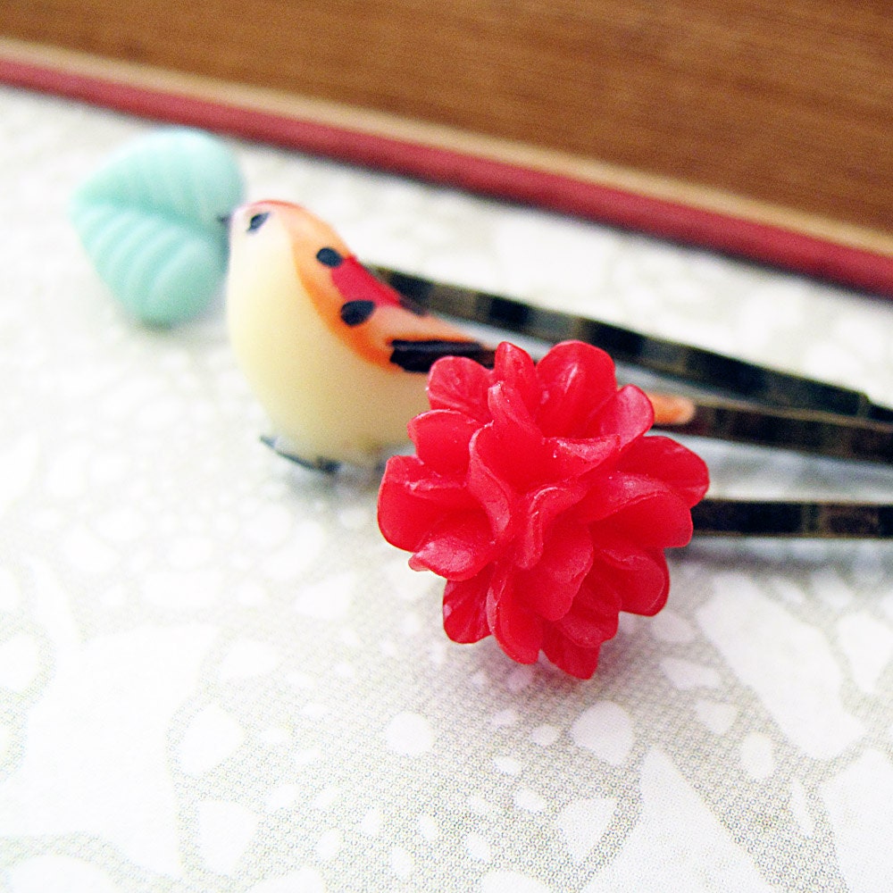 Woodland Bobby Pin Set, Cherry Red, Cream and Sky Blue