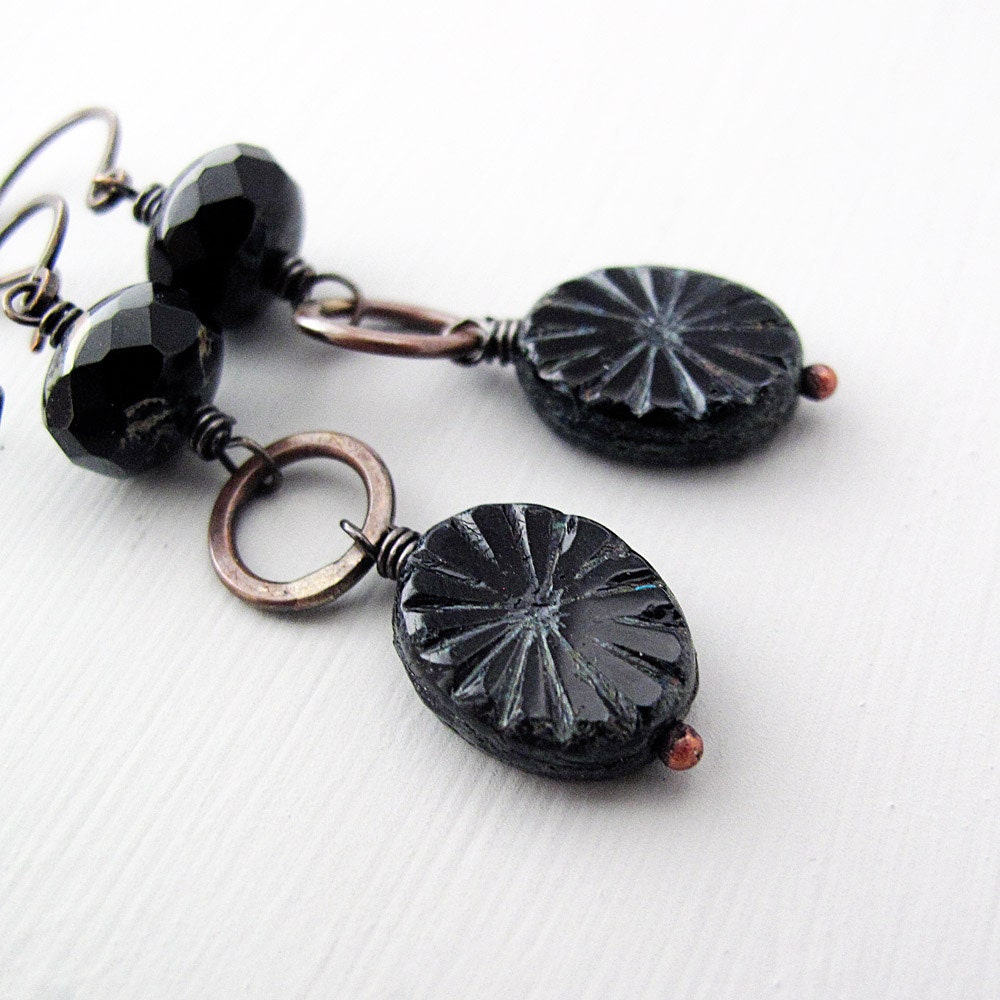 Black Bead Earrings, Copper, Czech Glass