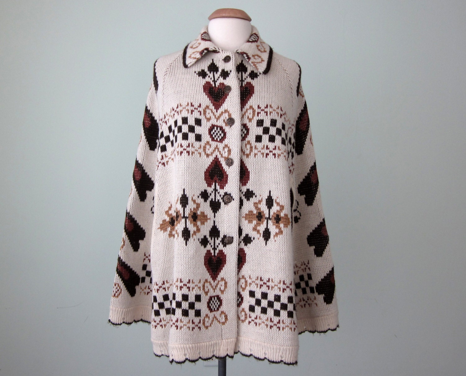 70s cape / folk print knit poncho cream sweater coat (s - m)