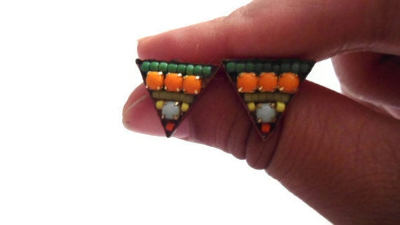 Earrings, Global, Triangle, Geometric, Orange, green, Bead work, Mosaic