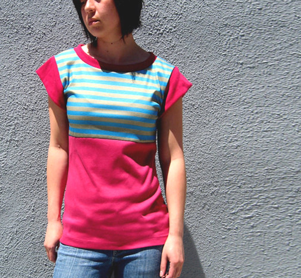 20% off Color Block Tee in Pink with Teal and Pale Olive Stripes for Easter