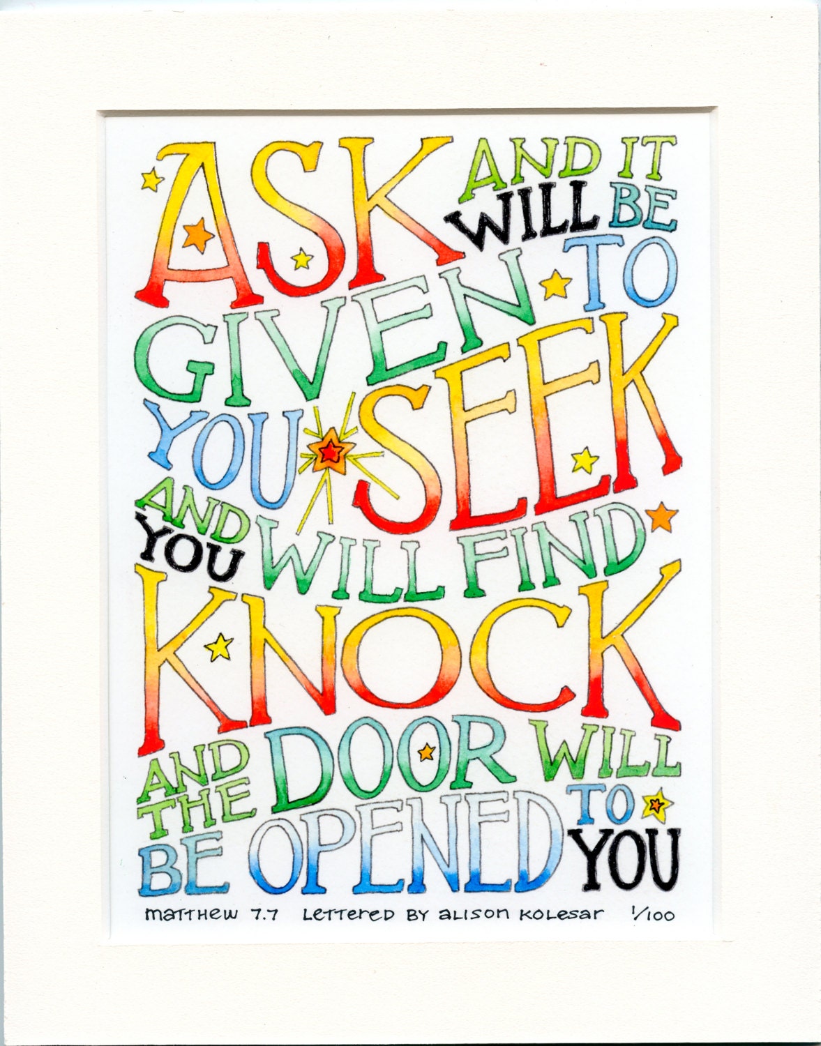 Illustrated inspirational quote from the Bible, Matthew 7:7, matted to fit 8 x 10 frame