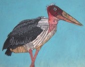 Marabou Stork hand pulled collograph art wading bird - Stork on the Move 2