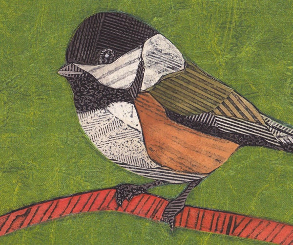 Chickadee on Green 1 - Original Hand-Pulled Bird Art Collograph Print