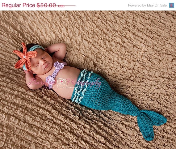 On Sale Mermaid Tail Cocoon, Mermaid Set, Shell Top, Crochet, Photography Prop, 6 to 9 Months, Baby Costume
