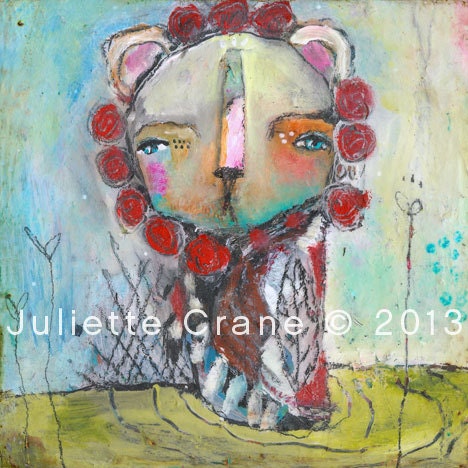 Raw Art, Primitive - Flowering Heart- 8x8 inch Print of a Reproduction of the Original Mixed Media Lion Painting by Juliette Crane