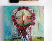 Primitive, Raw Art - Flowering Heart - an Original Mixed Media Painting 8x8 on Wood by Juliette Crane
