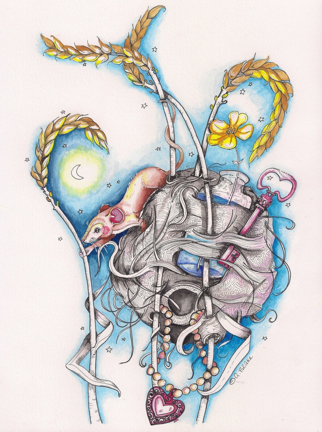 Mixed Media Watercolor The Collector Field Mouse Illustration by Paintingbliss