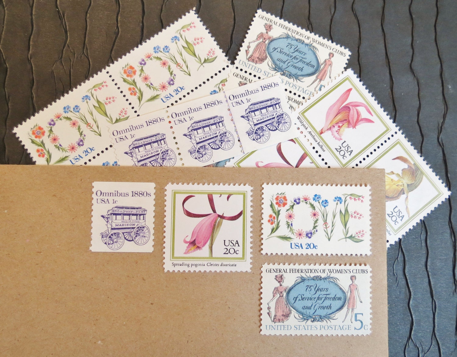 LOVE Orchid Arrangement .. Vintage UNused Postage Stamps .. to post 5 letters