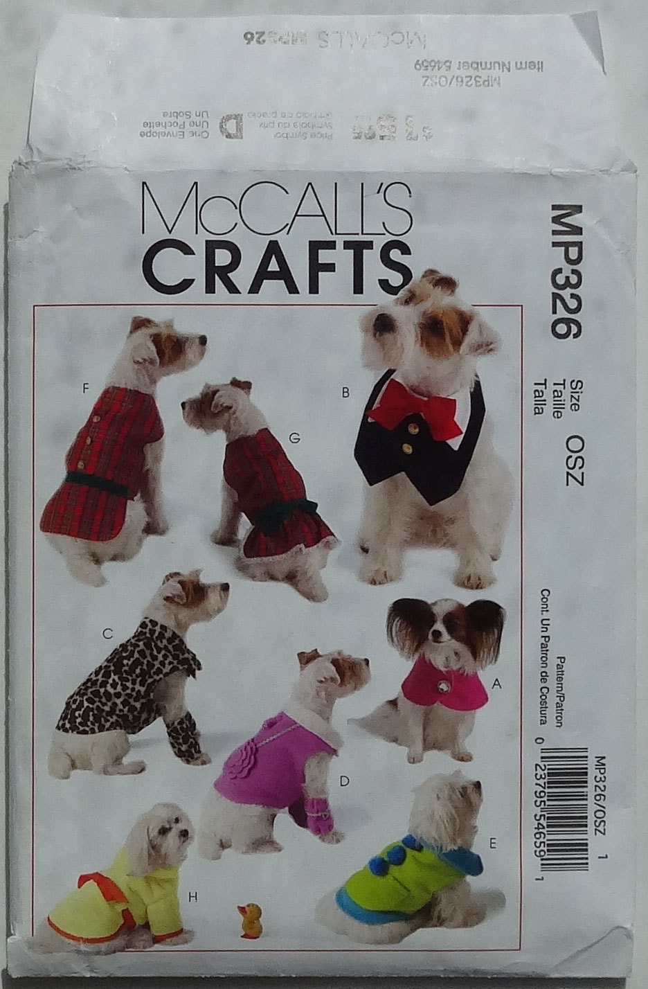 McCalls MP326 "Crafts" Sewing Pattern Dog Pet Clothes  Size S, M, L, XL
