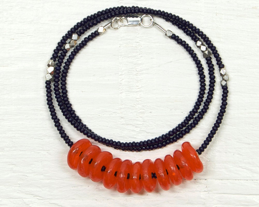 Recycled Glass and Seed Bead Necklace // Weathered no10 // Navy Blue and Orange
