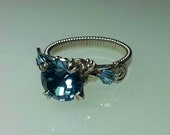 Sterling Swarovski Ring, Blue, Spring, Hand Made, Custom, Gift, Trending, Art, Metal Work, Wire Wrapped