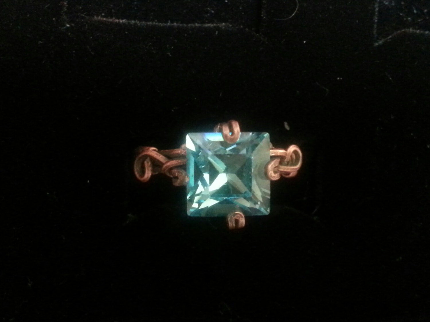 Antiqued Copper Ring, Square, Blue, Swarovski Crystal, Spring, Gift, Holiday, Hand Made, Custom