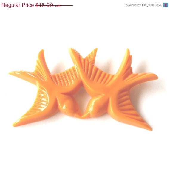 ON SALE Brooch resin bright orange kissing swallow love birds