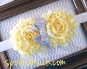 Yellow Glitter Bow Shabby Flower Elastic Headband