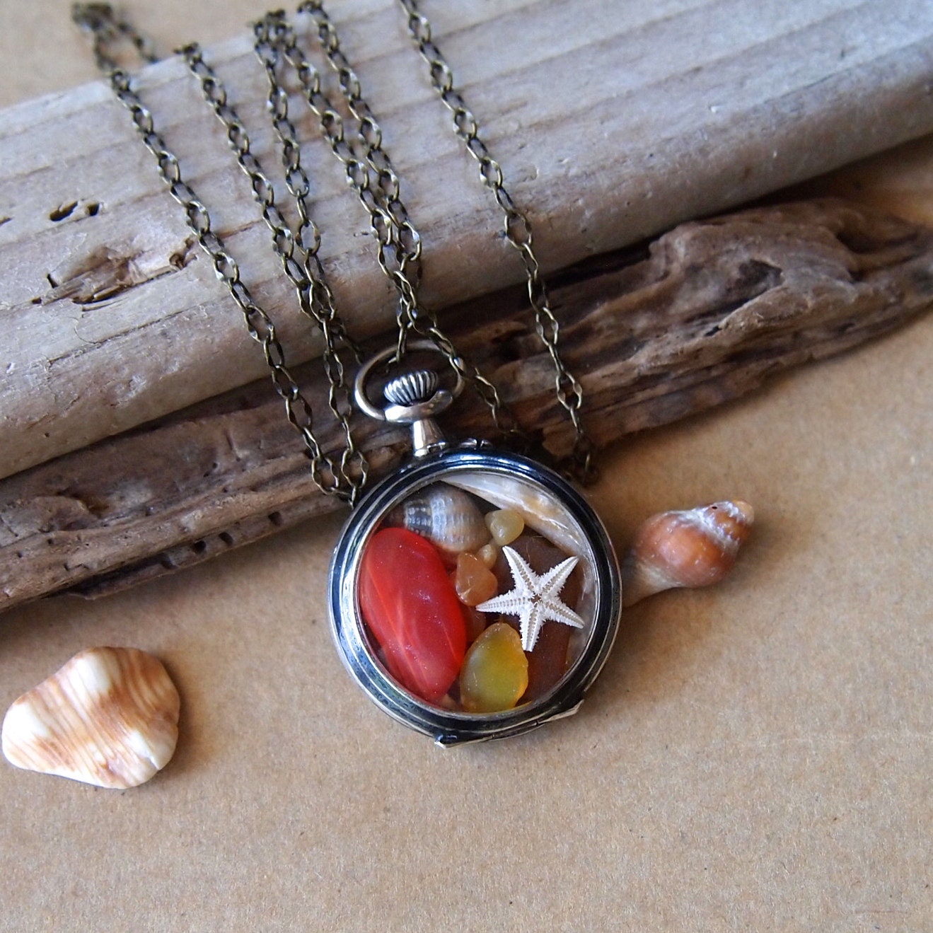 Sea Glass Pocket Watch Necklace/Pendant Antique German Silver Niello 1890s Seaside Gem