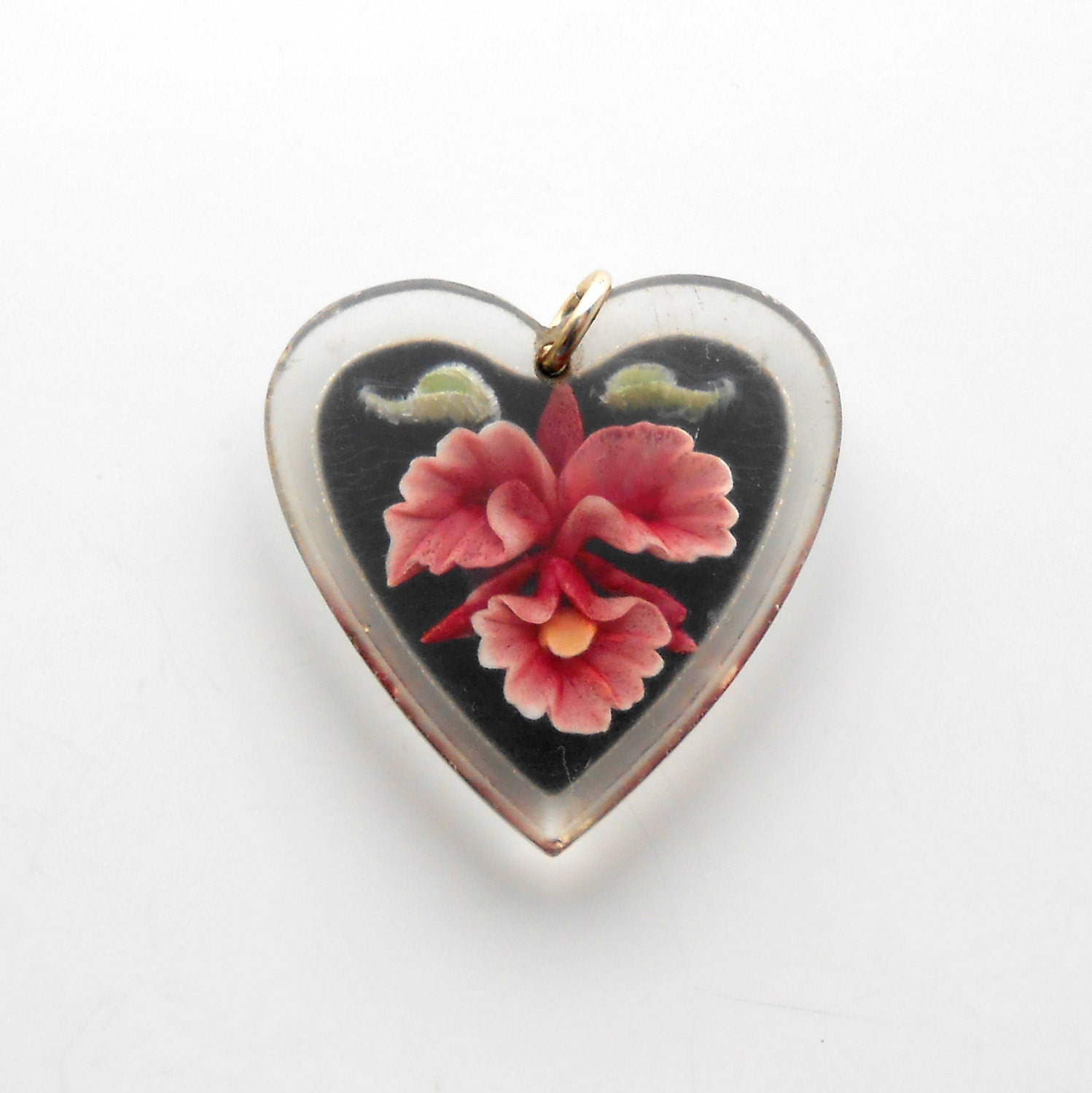 Lucite Orchid Heart Pendant. 1940s Large Reverse Carved Lucite. Floral.