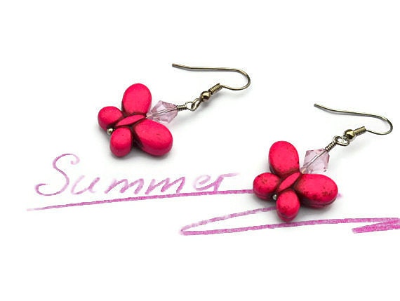 Turquoise Butterfly Dangle Earrings Yellow, Red, White, Green, Pink, Orange, Purple Howlite