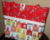 SALE Sock Monkey Diaper Bag - Colorful Red and Brown Tote - Personalized