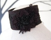 Black taffeta and lace goth steampunk ascot choker collar with vintage beading