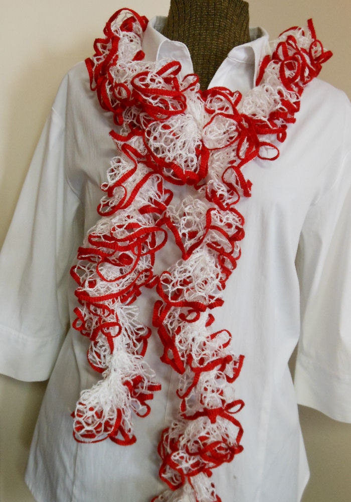 Ruffled Crochet Scarf Red White