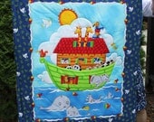 Ready to be shipped/ Handmade Hand Quilted Baby Blanket The Noah's Ark / Fish, Butterfly, Pandas, Elephants and Giraffes