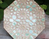 Ceramic PLate - Ceramic Platter - Octagon footed Platter - Tray Creme with green highlights and Pattern Ready to Ship