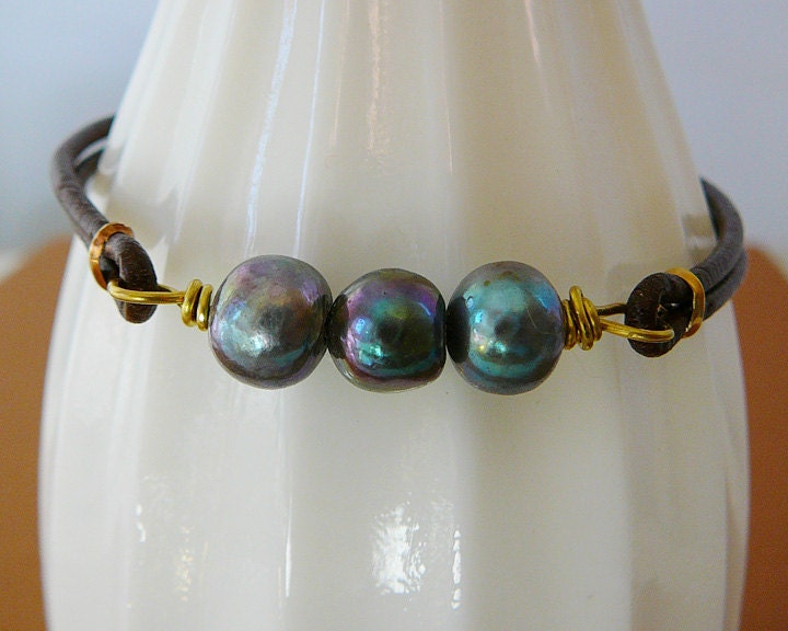Pearl Leather Bracelet, 3 Large Peacock Freshwater Pearl, Antique Buckle Stacking Bracelet Friendship