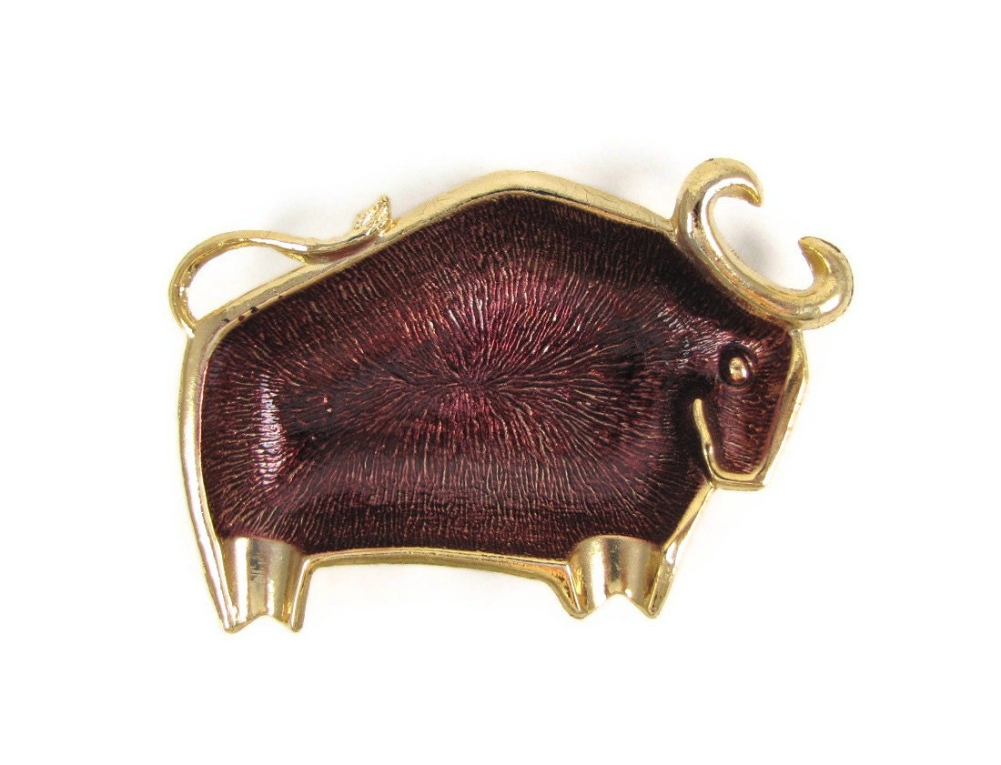 Taurus Tray - Vintage Figural Bull Ashtray or Trinket Tray, Mid Century Modern Decor, Gold Tone Metal with Aubergine Enameling - OrbitingDebris