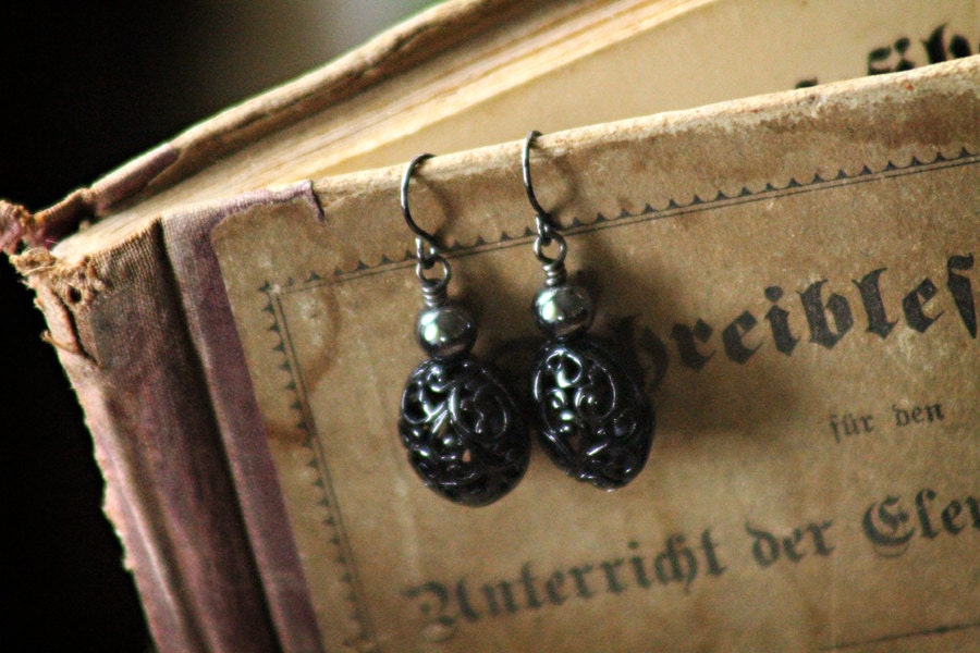 filigree and hematite - handmade earrings