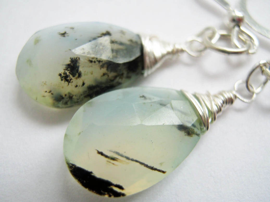 Peruvian Blue Opal Earrings Wrapped in Fine Silver