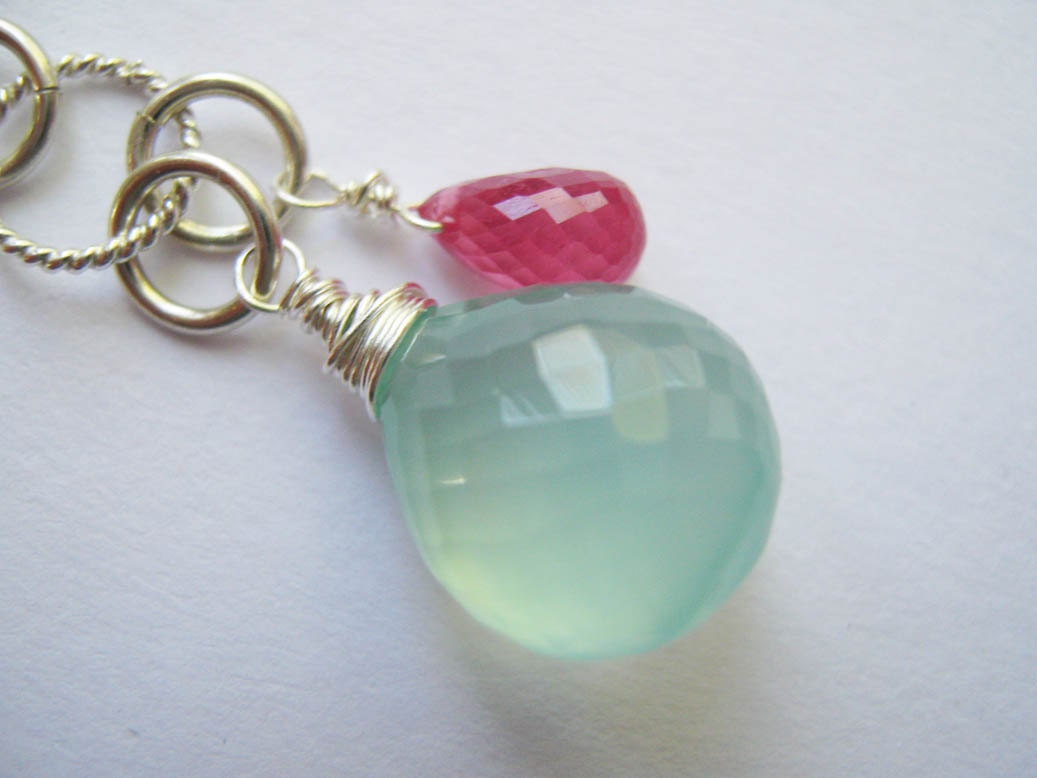 Chalcedony and Ruby Pendant  Wrapped Gemstone