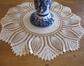 Vintage Cotton Crochet Doily, Ecru Large Round Doily, Mid Century Home Decor