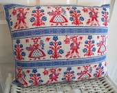 Vintage Red Blue Peasant Pillow, Country Folk Art Pillow Cover