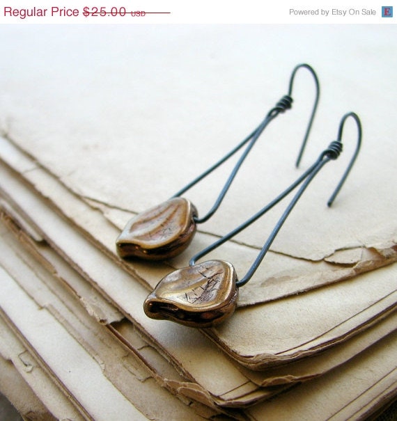 SALE 20% off Sterling silver earrings, Czech glass beads, leaf earring, minimalist, autumn, rustic earrings - Cardamom