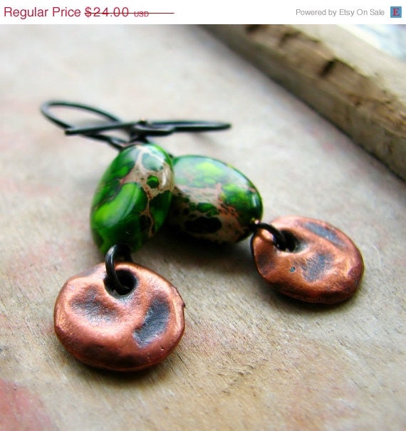 SALE 20% off Jasper earrings copper dangle foliage green earthy rustic earrings - The Jungle