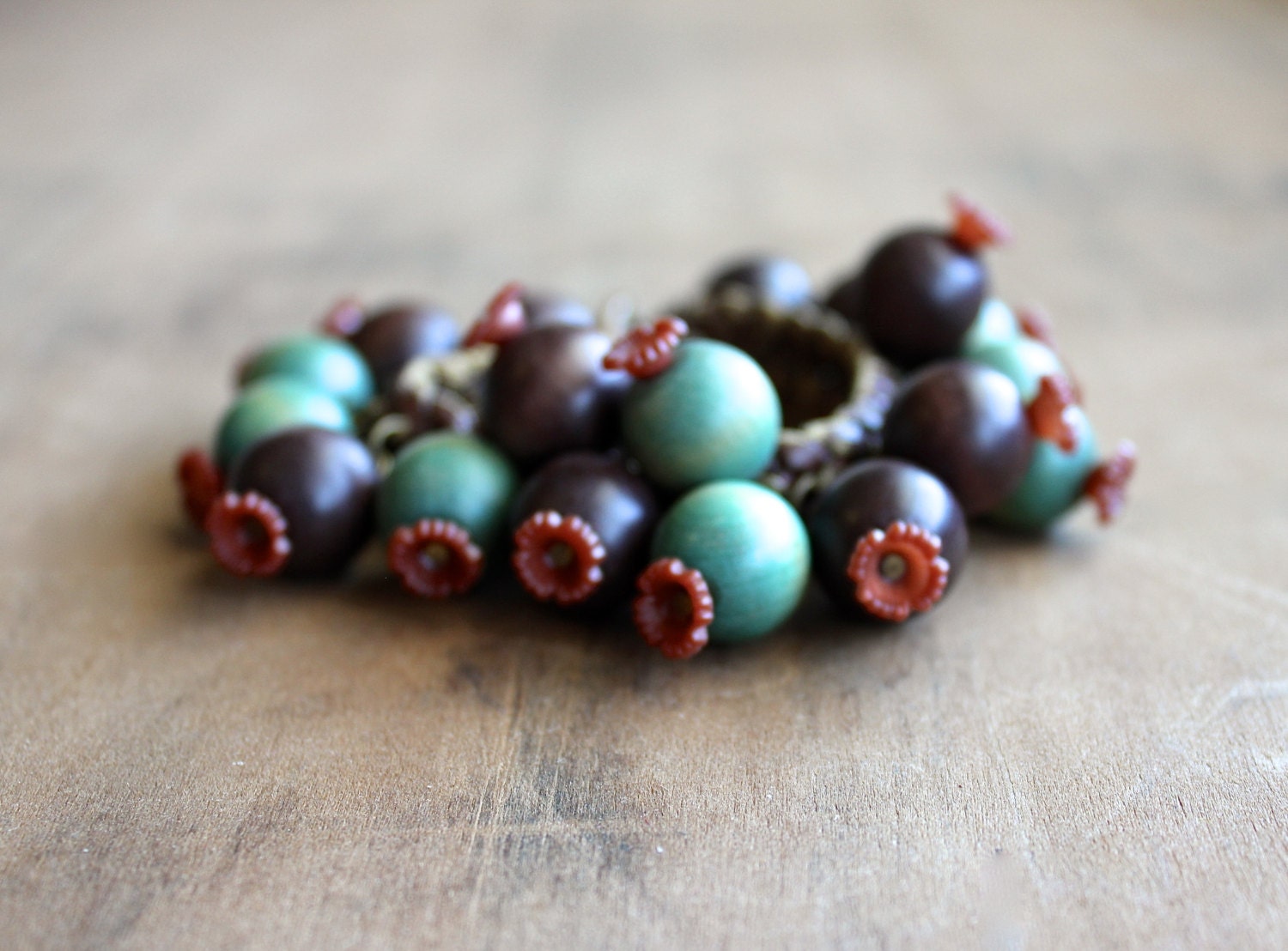 Blossoms - Vintage 1940s Bracelet - Vintage Jewelry - Leather - Flowers - Wood - Wooden - Beads - Garden - Mother's Day - becaruns